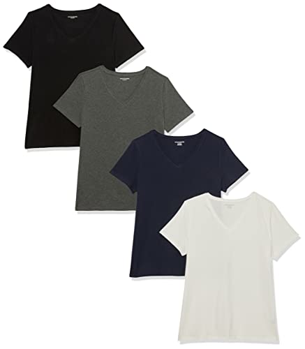 Amazon Essentials Damen Kurzärmeliges T-Shirt mit V-Ausschnitt, Klassischer Schnitt, 4er-Pack, Weiß/Kohlegrau Meliert/Marineblau, XL von Amazon Essentials