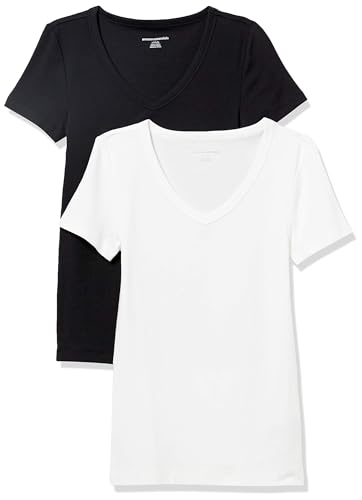 Amazon Essentials Damen Kurzärmeliges T-Shirt mit V-Ausschnitt, Schmale Passform, 2er-Pack, Schwarz/Weiß, M von Amazon Essentials