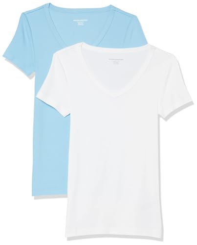 Amazon Essentials Damen Kurzärmeliges T-Shirt mit V-Ausschnitt, Schmale Passform, 2er-Pack, Weiß/Hellblau, M von Amazon Essentials