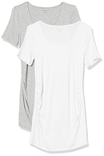 Amazon Essentials Damen Kurzärmeliges Umstands-T-Shirt mit U-Ausschnitt und Raffung, 2er-Pack, Hellgrau Meliert/Weiß, XS von Amazon Essentials