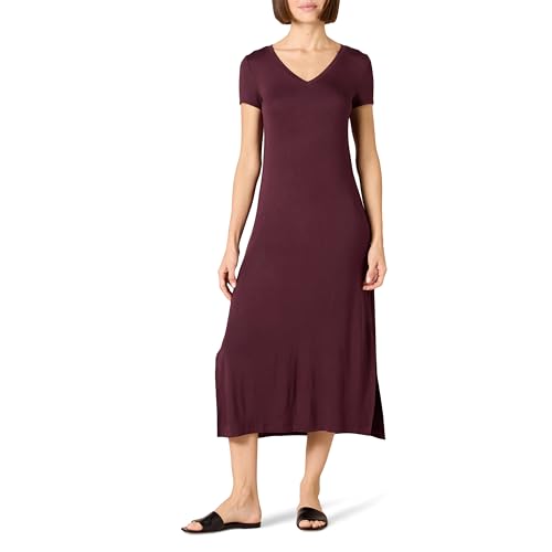 Amazon Essentials Damen Kurzärmliges, mittellanges Jersey-Kleid mit V-Ausschnitt, Dunkelpurpur, L von Amazon Essentials