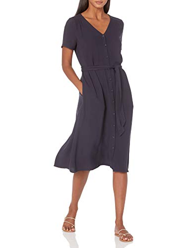 Amazon Essentials Damen Kurzärmliges Midikleid zum Binden mit Knopfleiste, Marineblau, L von Amazon Essentials