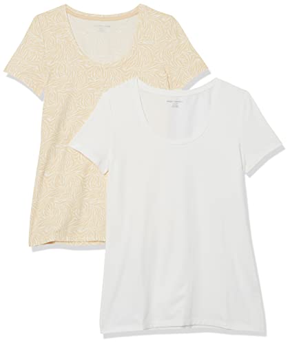 Amazon Essentials Damen Kurzärmliges T-Shirt mit U-Ausschnitt in klassischer Passform (Erhältlich in Übergröße), 2er-Pack, Bräunen Tiermuster/Weiß, XL von Amazon Essentials