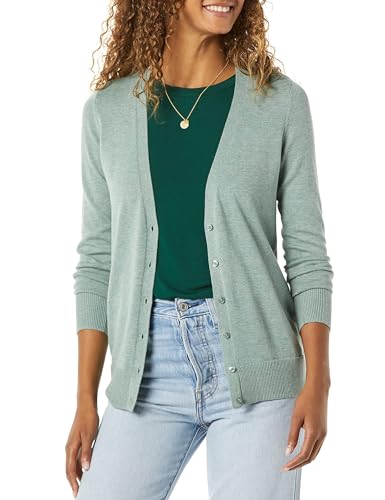 Amazon Essentials Damen Leichter Cardigan mit V-Ausschnitt (in Übergröße erhältlich), Salbeigrün Meliert, XS von Amazon Essentials