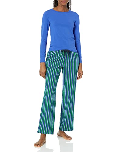 Amazon Essentials Damen Schlaf-Set leichte Flanellhose und langärmeliges-T-Shirt (in Übergröße erhältlich), Blau Grün Streifen, XS von Amazon Essentials