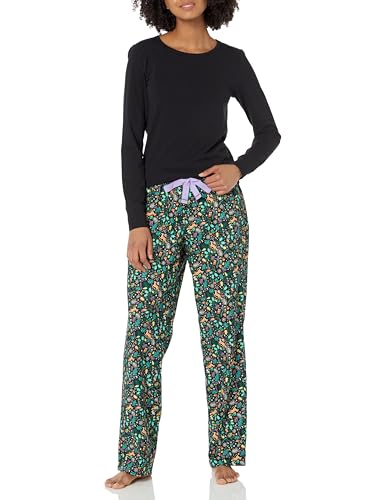 Amazon Essentials Damen Schlaf-Set leichte Flanellhose und langärmeliges-T-Shirt (in Übergröße erhältlich), Schwarz Folklorisch, XL von Amazon Essentials