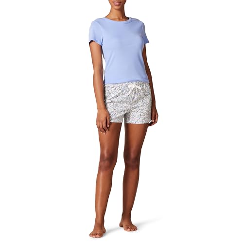 Amazon Essentials Damen Nachtwäscheset mit Shorts und T-Shirt aus Popeline, Blau Floral, L von Amazon Essentials