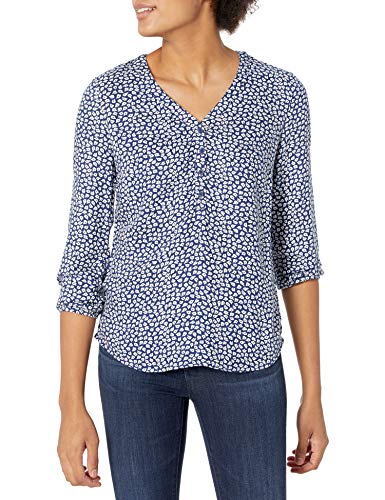 Amazon Essentials Damen Popover-Hemd mit 3/4-Ärmeln und Knöpfen, Dunkelblau Weiß Blüte, S von Amazon Essentials