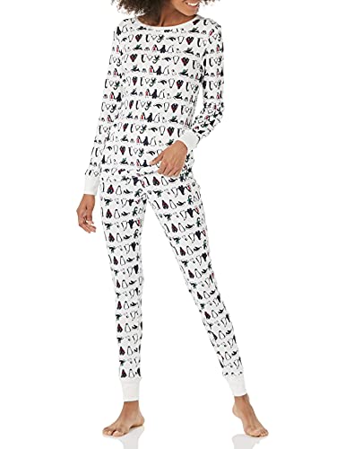 Amazon Essentials Damen Pyjamaset aus Baumwolle, Gute Passform (Erhältlich in Übergröße), Penguin Parade, L von Amazon Essentials