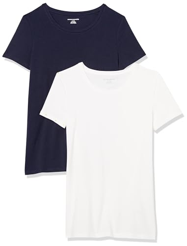 Amazon Essentials Damen Kurzärmeliges T-Shirt mit Rundhalsausschnitt, Klassischer Schnitt, 2er-Pack, Marineblau/Weiß, XL von Amazon Essentials