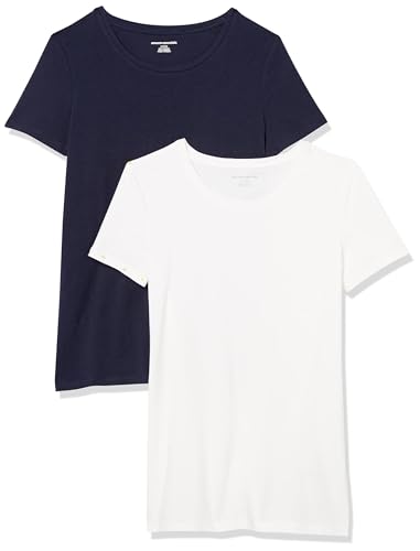 Amazon Essentials Damen Kurzärmeliges T-Shirt mit Rundhalsausschnitt, Klassischer Schnitt, 2er-Pack, Marineblau/Weiß, XS von Amazon Essentials