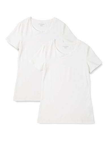 Amazon Essentials Damen Kurzärmeliges T-Shirt mit Rundhalsausschnitt, Klassischer Schnitt, 2er-Pack, Weiß, M von Amazon Essentials