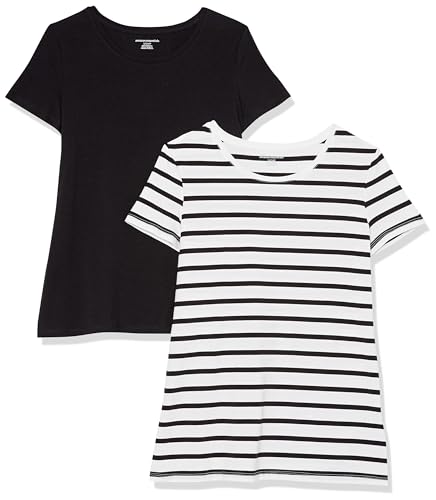 Amazon Essentials Damen Kurzärmeliges T-Shirt mit Rundhalsausschnitt, Klassischer Schnitt, 2er-Pack, Schwarz/Weiß Streifen, M von Amazon Essentials