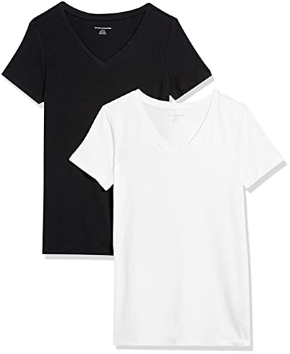 Amazon Essentials Damen Kurzärmeliges T-Shirt mit V-Ausschnitt, Klassischer Schnitt, 2er-Pack, Schwarz/Weiß, M von Amazon Essentials