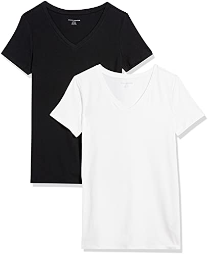 Amazon Essentials Damen Kurzärmeliges T-Shirt mit V-Ausschnitt, Klassischer Schnitt, 2er-Pack, Schwarz/Weiß, S von Amazon Essentials