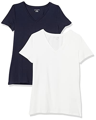 Amazon Essentials Damen Kurzärmeliges T-Shirt mit V-Ausschnitt, Klassischer Schnitt, 2er-Pack, Marineblau/Weiß, M von Amazon Essentials