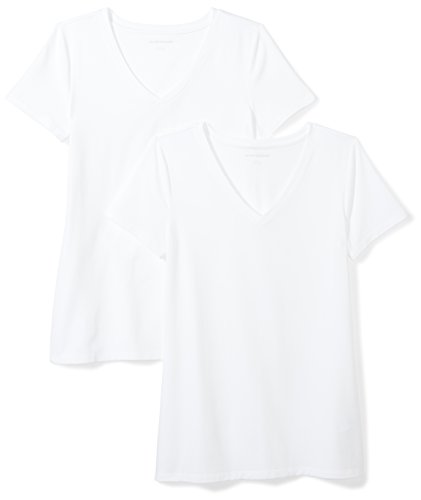 Amazon Essentials Damen Kurzärmeliges T-Shirt mit V-Ausschnitt, Klassischer Schnitt, 2er-Pack, Weiß, XL von Amazon Essentials