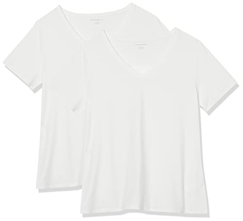 Amazon Essentials Damen Kurzärmeliges T-Shirt mit V-Ausschnitt, Klassischer Schnitt, 2er-Pack, Weiß, XS von Amazon Essentials