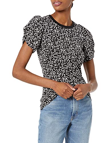 Amazon Essentials Damen T-Shirt mit gedrehten Ärmeln und Rundhalsausschnitt in klassischer Passform, Schwarz Weiß Abstraktes Tier, L von Amazon Essentials