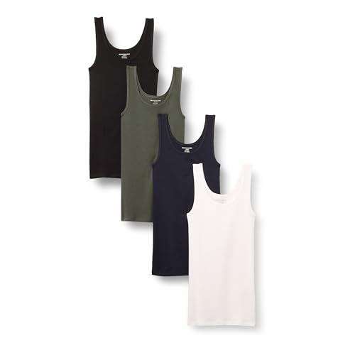 Amazon Essentials Damen Tanktop schlanke Passform, 4er-Pack, Dunkles Olivgrün/Marineblau/Schwarz/Weiß, XL von Amazon Essentials