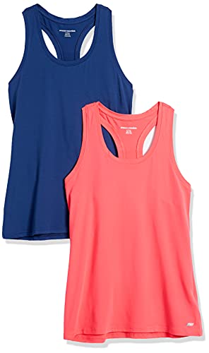 Amazon Essentials Damen Tech Stretch Racerback-Tanktop (Erhältlich In Übergröße), 2er-Pack, Blau/Korallenrosa, M von Amazon Essentials