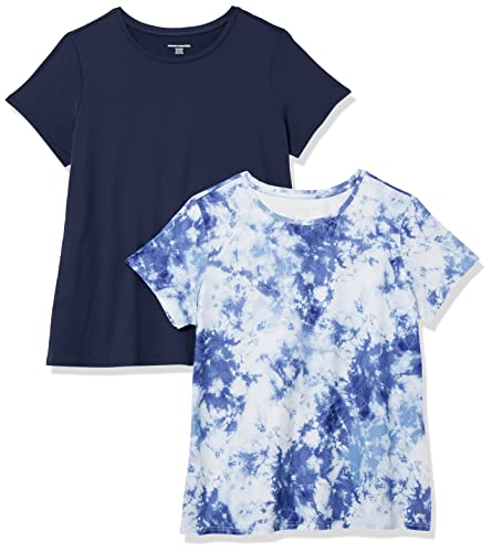 Amazon Essentials Damen Kurzärmliges Tech-Stretch-T-Shirt mit Rundhalsausschnitt (in Übergröße erhältlich), 2er-Pack, Marineblau/Weiß Batik, S von Amazon Essentials