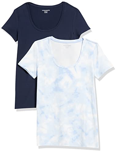 Amazon Essentials Damen Kurzärmliges T-Shirt mit U-Ausschnitt in klassischer Passform (Erhältlich in Übergröße), 2er-Pack, Marineblau/Weiß Batik, M von Amazon Essentials