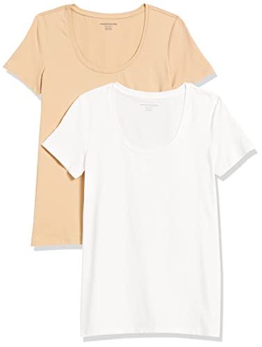 Amazon Essentials Damen Kurzärmliges T-Shirt mit U-Ausschnitt in klassischer Passform (Erhältlich in Übergröße), 2er-Pack, Weiß/Helles Kamelbraun, L von Amazon Essentials