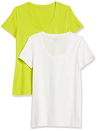 Amazon Essentials Damen Kurzärmliges T-Shirt mit U-Ausschnitt in klassischer Passform (Erhältlich in Übergröße), 2er-Pack, Weiß/Lindgrün, L von Amazon Essentials