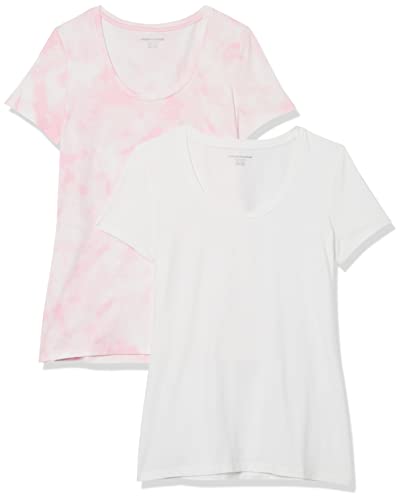 Amazon Essentials Damen Kurzärmliges T-Shirt mit U-Ausschnitt in klassischer Passform (Erhältlich in Übergröße), 2er-Pack, Rosa Batik/Weiß, L von Amazon Essentials