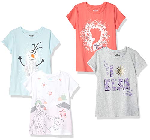 Amazon Essentials Disney | Marvel | Star Wars | Frozen | Princess Mädchen Kurzärmelige T-Shirts, 4er-Pack, Blau/Grau/Weiß/Frozen ELSA & Olaf, 3 Jahre von Amazon Essentials