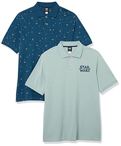 Amazon Essentials Disney | Marvel | Star Wars Herren Piqué-Poloshirt aus Baumwolle, Normale Passform, 2er-Pack, Star-Wars-Logo-Schiffe, S von Amazon Essentials