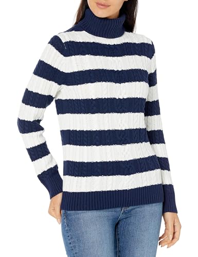 Amazon Essentials Damen Leichter Rollkragenpullover Mit Zopfmuster (Erhältlich In Übergröße), Marineblau Weiß Rugby-Streifen, S von Amazon Essentials