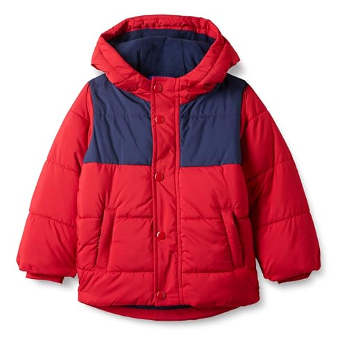 Amazon Essentials Jungen Schwere Pufferjacke mit Kapuze, Marineblau Rot Farbblock, 10 Jahre von Amazon Essentials