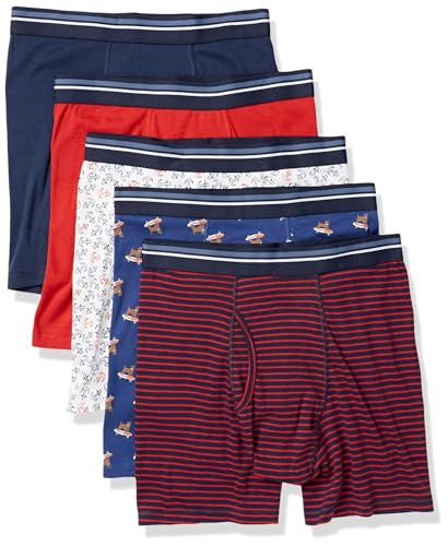 Amazon Essentials Herren Boxershorts ohne Etikett, 5er-Pack, Anker/Hundeaufdruck/Ministreifen, M von Amazon Essentials