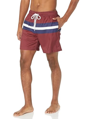 Amazon Essentials Herren Badehose, Schnell Trocknend, 18 cm, Burgunderrot Marineblau Streifen, XL von Amazon Essentials