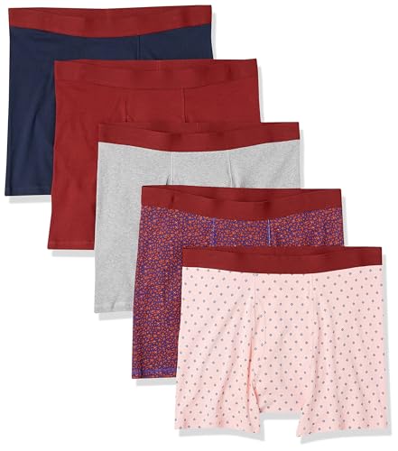 Amazon Essentials Herren Boxershorts ohne Etikett, 5er-Pack, Dunkelblau Floral/Grau Meliert/Hellrosa Diamantenaufdruck/Marineblau/Rot, S von Amazon Essentials