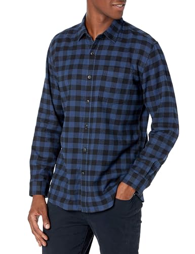 Amazon Essentials Herren Langarmhemd aus Flanell (in Übergröße erhältlich), Blau Schwarz Buffalokaros, S von Amazon Essentials