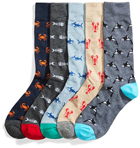 Amazon Essentials Herren Gemusterte Socken (Früher Goodthreads), 5 Paar, Delfin/Krabbe/Meereswelt, Einheitsgröße von Amazon Essentials