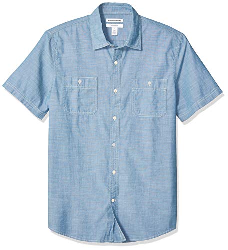 Amazon Essentials Herren Kurzärmeliges Hemd aus Popeline, Normale Passform, Mittelblau, L von Amazon Essentials