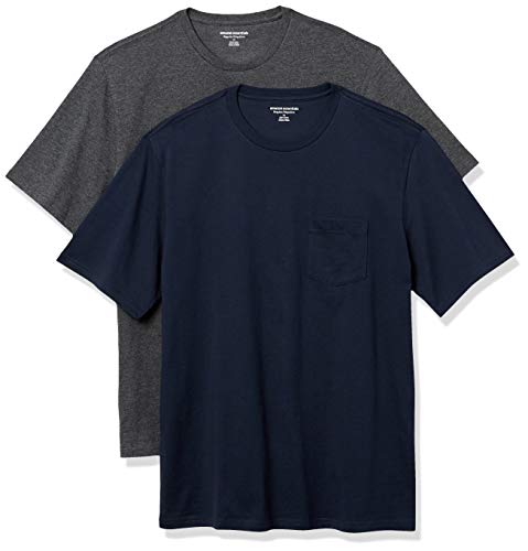 Amazon Essentials Herren Kurzärmeliges T-Shirt mit Rollkragen und Tasche, Schmale Passform, 2er-Pack, Marineblau/Kohlegrau Meliert, S von Amazon Essentials