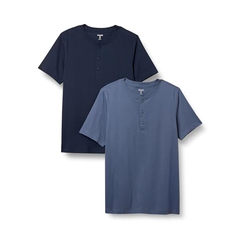 Amazon Essentials Herren Kurzärmliges Jersey-Henleyshirt mit normaler Passform, 2er-Pack, Jeans/Marineblau, L von Amazon Essentials