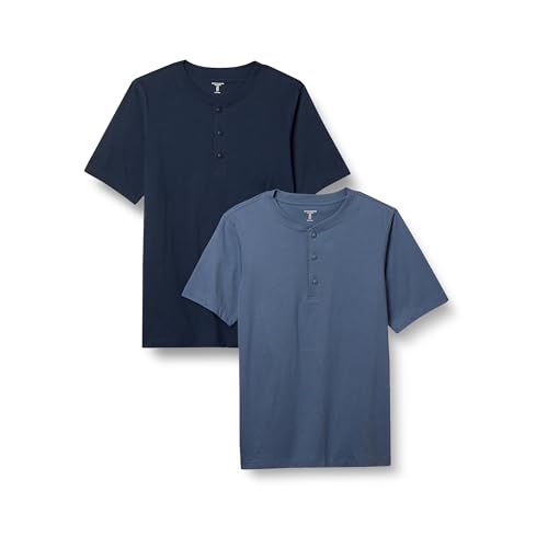 Amazon Essentials Herren Kurzärmliges Jersey-Henleyshirt mit schlanker Passform, 2er-Pack, Marineblau/Blau, L von Amazon Essentials