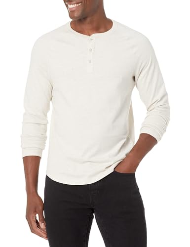 Amazon Essentials Herren Langärmeliges Henley-Shirt, Schmale Passform, Haferbeige Meliert, XS von Amazon Essentials