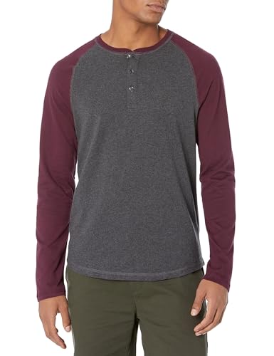 Amazon Essentials Herren Langärmeliges Henley-Shirt, Schmale Passform, Kohlegrau Meliert/Burgunderrot, L von Amazon Essentials