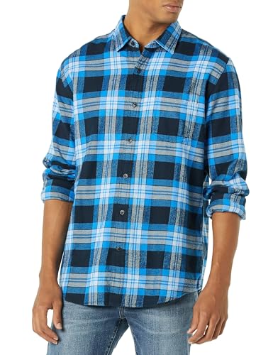 Amazon Essentials Herren Langarmhemd aus Flanell (in Übergröße erhältlich), Schwarz Blau Grau Tartan Plaid, L von Amazon Essentials