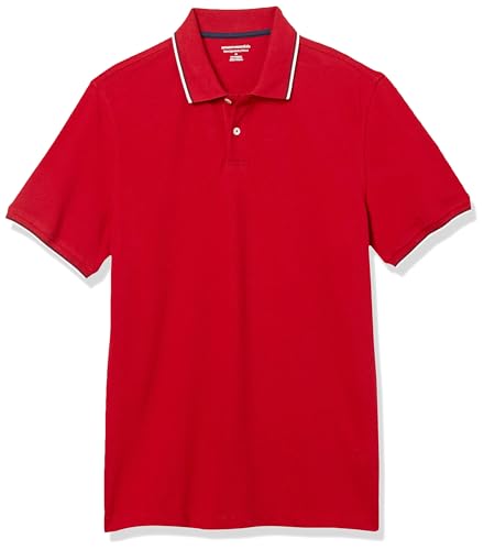 Amazon Essentials Herren Piqué-Poloshirt aus Baumwolle, Schmale Passform, Rot/Marineblau/Weiß, M von Amazon Essentials