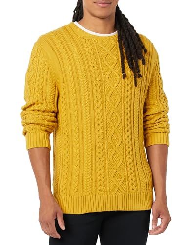 Amazon Essentials Herren Pullover mit Langen Ärmeln und Rundhalsausschnitt aus 100% Baumwolle mit Zopfmuster, Senfgelb, XS von Amazon Essentials