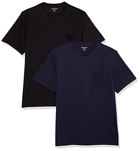 Amazon Essentials Herren T-Shirt mit kurzen Ärmeln, Rundhalsausschnitt und Tasche in normaler Passform, 2er-Pack, Marineblau/Schwarz, XS von Amazon Essentials