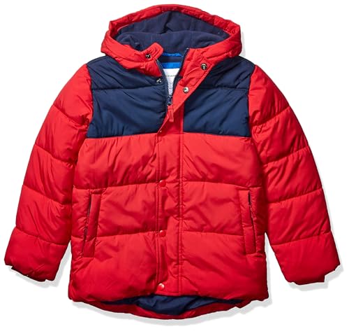 Amazon Essentials Jungen Schwere Pufferjacke mit Kapuze, Marineblau Rot Farbblock, 8 Jahre von Amazon Essentials